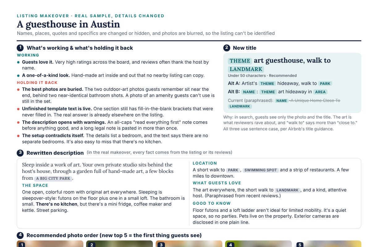 Top of the one-page makeover for this listing, with details changed and photos blurred